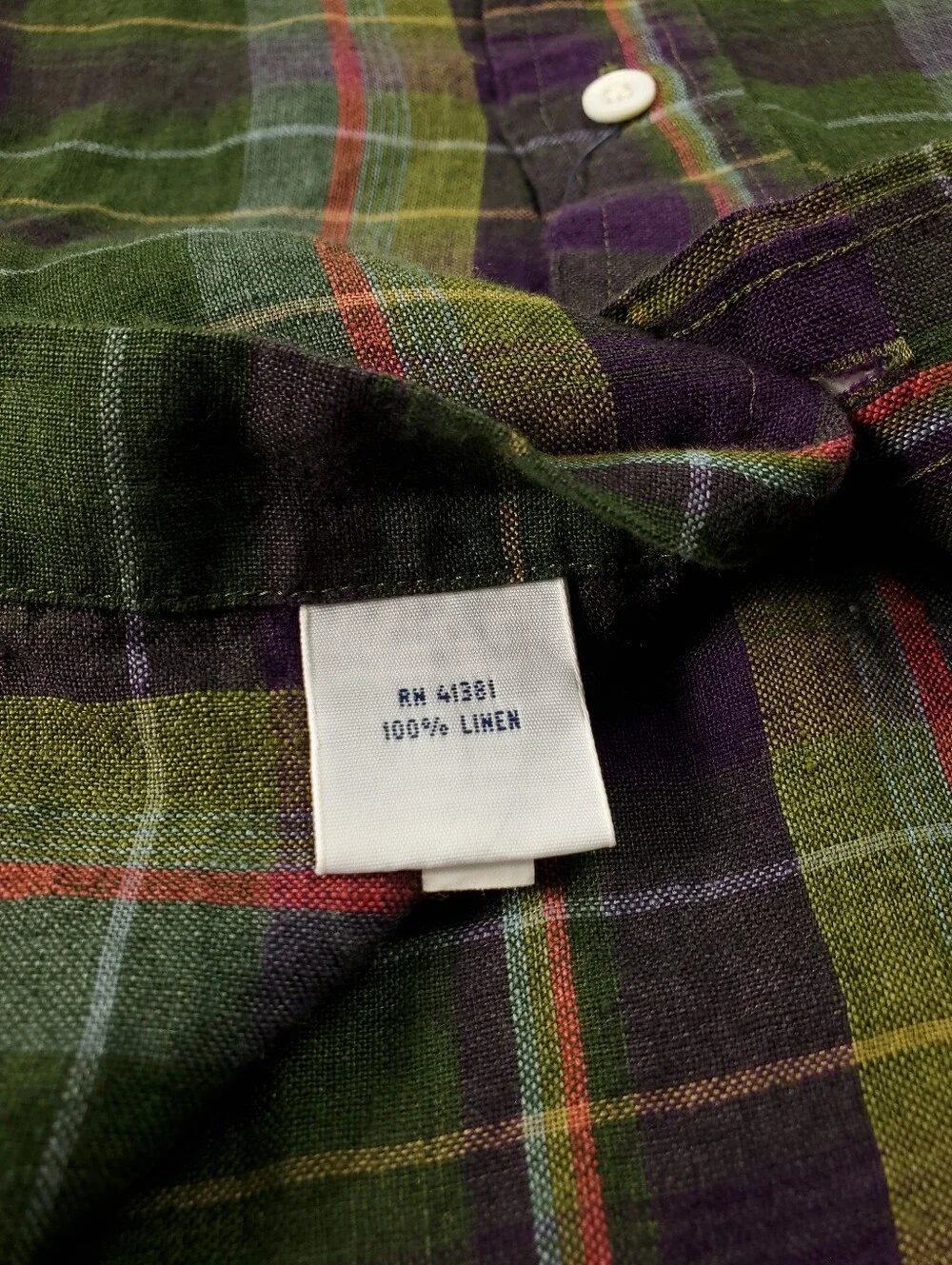 Polo Ralph Lauren Indian Madras Plaid 100% Linen XL Green Purple Long Sleeve NEW
